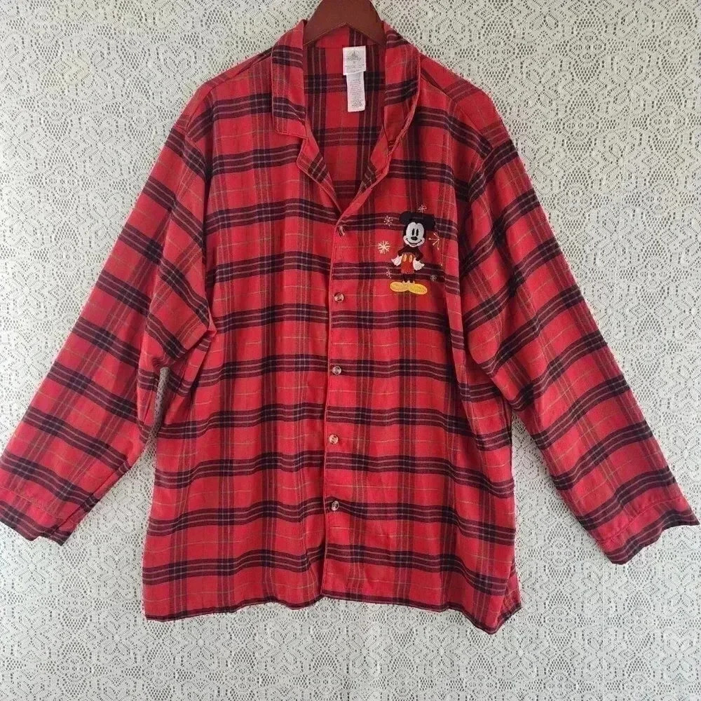 Disney Japan Button Up red plaid Mickey mouse Pajamas Top Men's XL